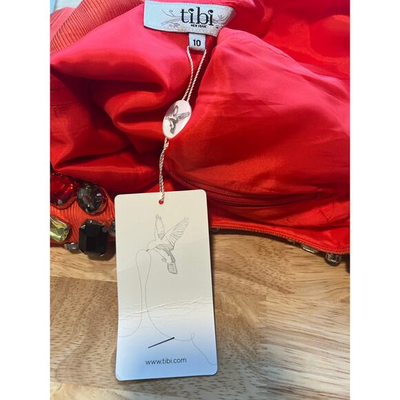 NWT Tibi Short Sleeve Cocktail Dress Bejeweled Coral Cotton & Silk Size 10 JL - Picture 5 of 7